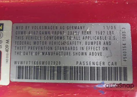 2006 Volkswagen Gti 2-Door из США, поврежденный, VIN WVWFV71K66W087929